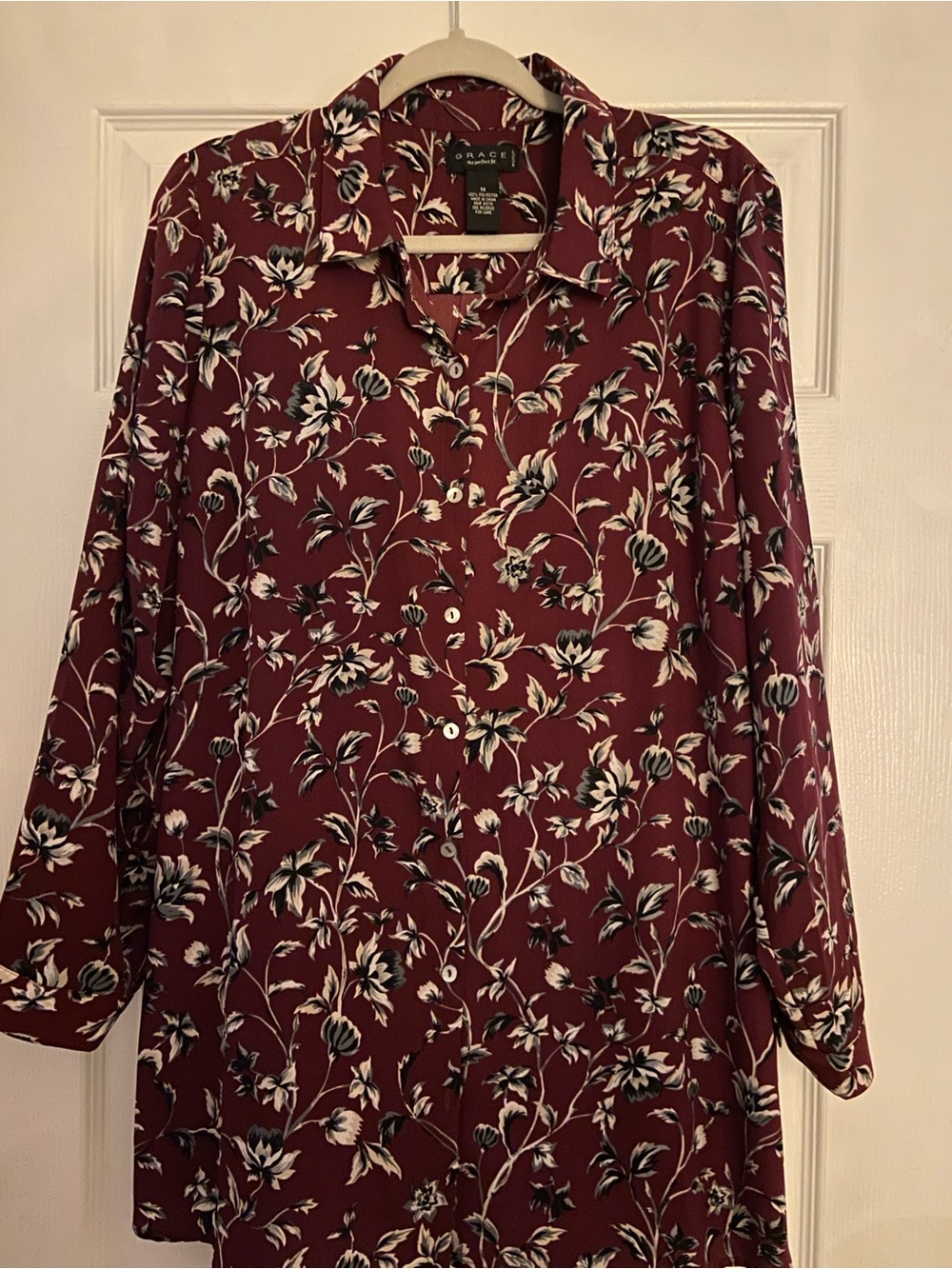 Grace Elements Maroon Floral Button-Front Blouse